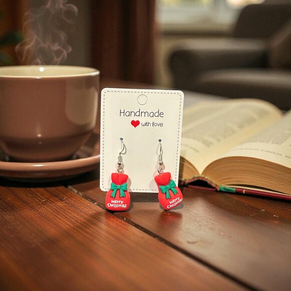 Handmade Christmas Gift Bag Earrings | Polymer Clay Holiday Jewelry - Picture 12 of 12